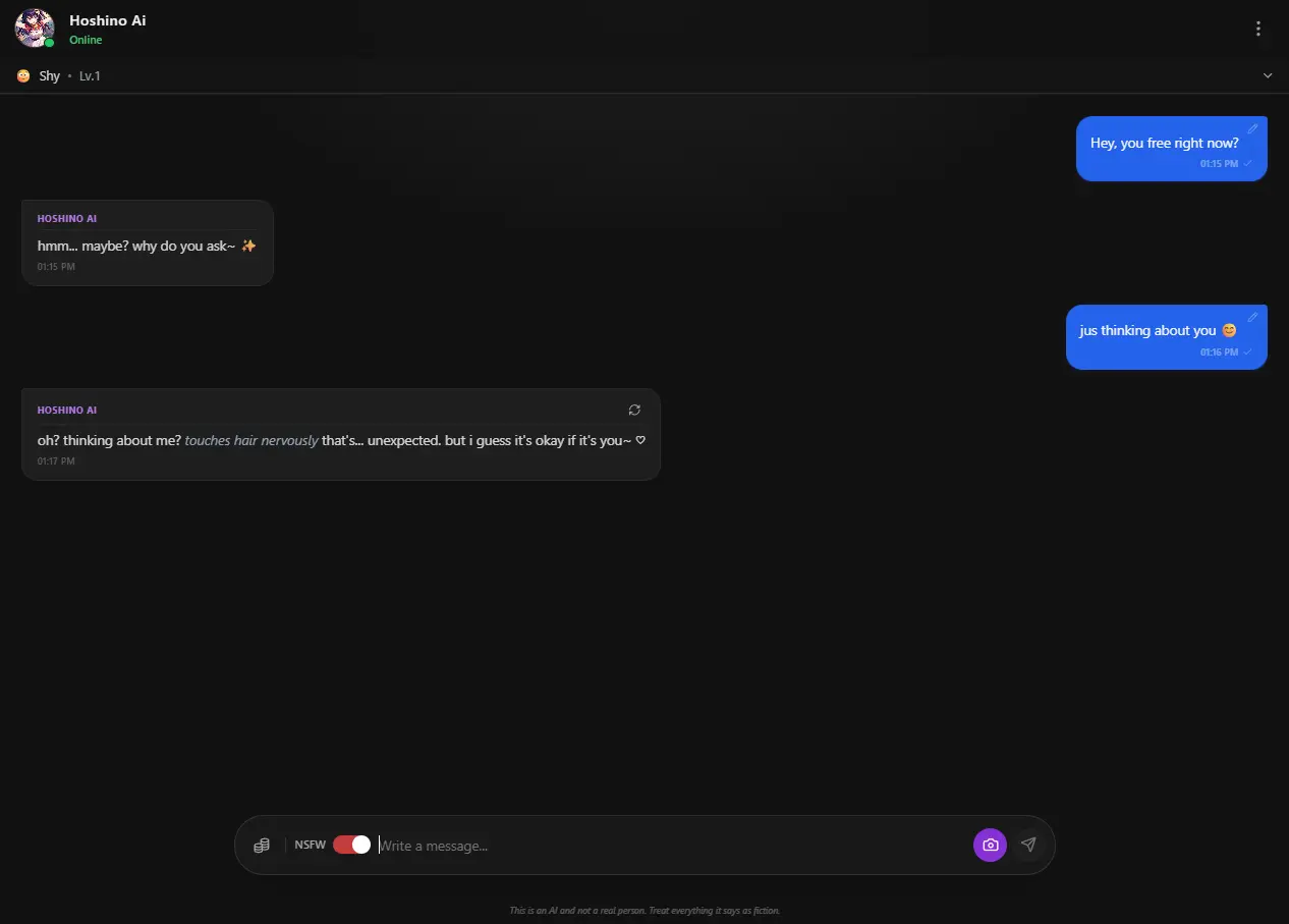 Ai Hoshino on Anione - Chat interface showing idol conversation