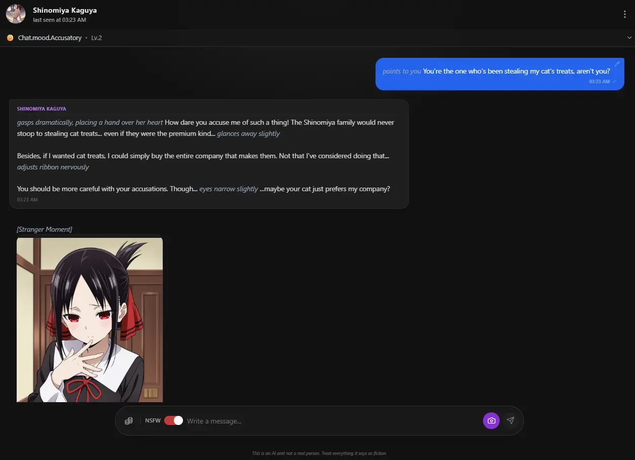 Anione's character chat interface with in-context media features
