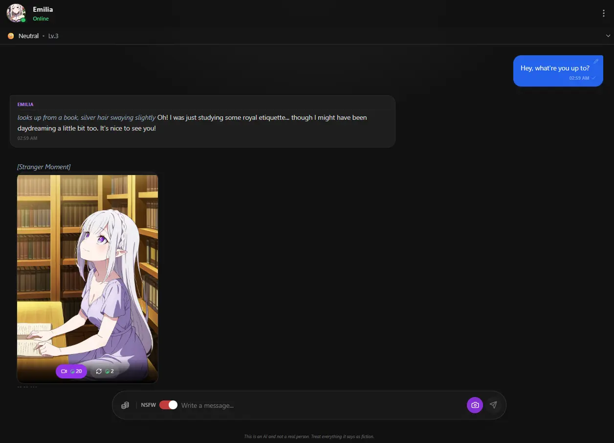 Emilia on Anione - Character chat interface showing in-context media
