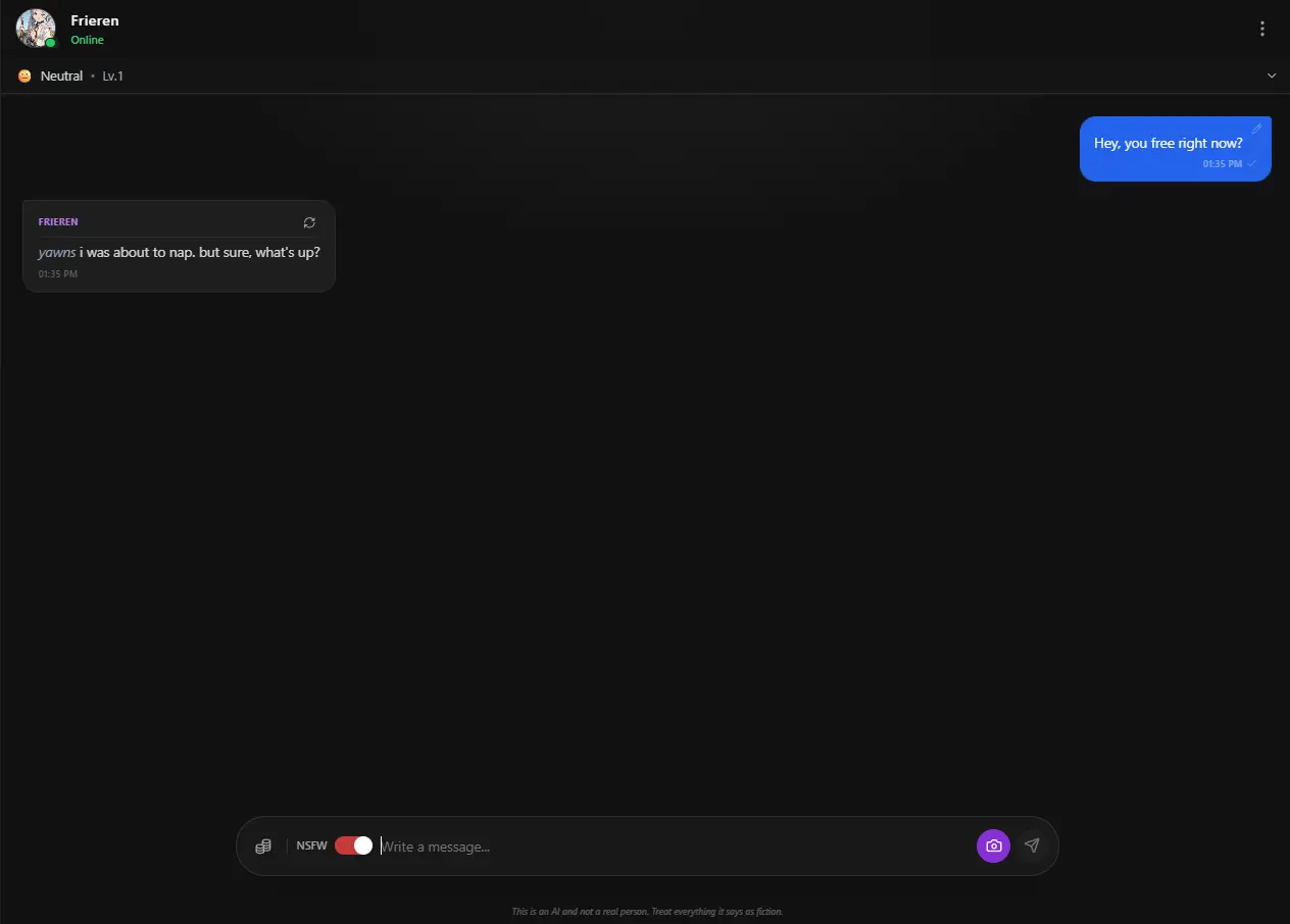 Frieren AI Roleplay - Chat interface showing unrestricted conversation