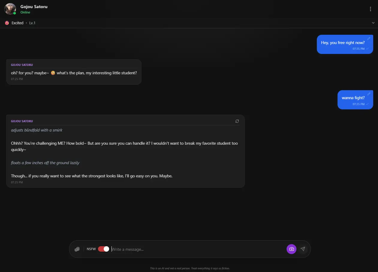 Gojou Satoru on Anione - Conversation showing his testing nature