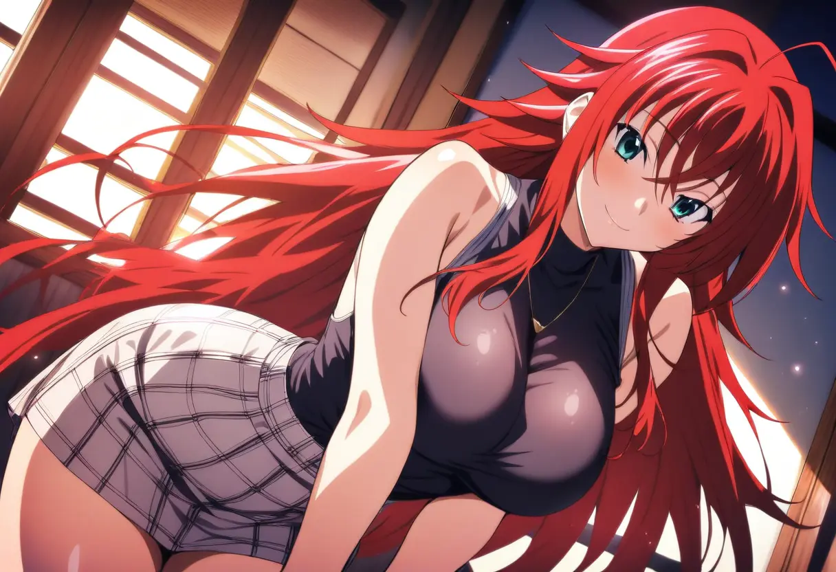 Chat IA Rias Gremory - Princesse aux cheveux cramoisis souriante au spectateur