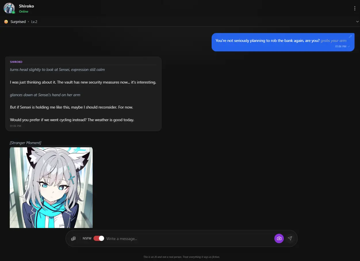 Shiroko sur Anione - Interface de chat avec médias contextuels